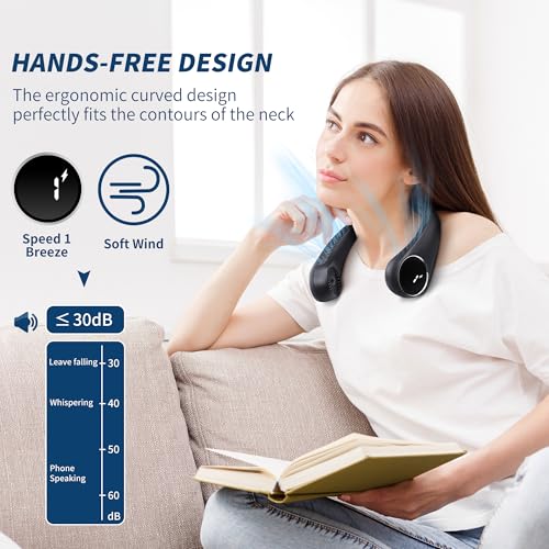 Personal Cooling Portable Neck Fans - USB Rechargeable,360 Free Rotation & Lower Noise Bladeless Battery Operated Design with 3 Speeds Duration 48 hrs, Small Neck Air Conditioner(Black)