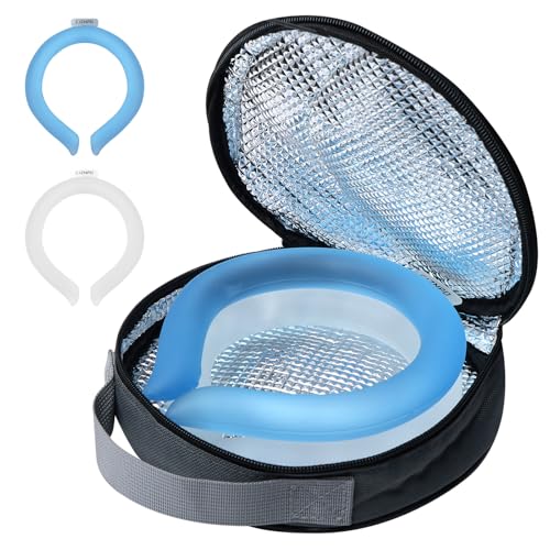 2PCS PCM Neck Cooling Tube with Insulated Bag, Reusable Ice Ring Neck Cooler Wrap, Wearable Cooling Neck Ring for Hot Weather in/Outdoor Sports, TPU Freezable Collar (Blue+White)