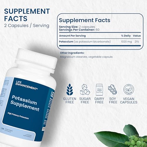 Life Enhancement High Potency 1020 mg Potassium Supplement for Muscle, Brain & Bone Health - No Additives High Absorption Elemental Potassium Supplement, Made in USA (120 Capsules – 60 Servings)