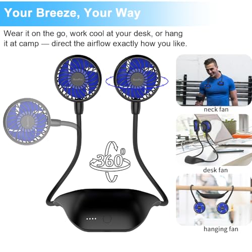 HandFan 10000mAh Portable Neck Fan Rechargeable, 48Hrs Long-Lasted Wearable Personal Fans, Hands Free Necklace Fans, Hanging Cooling Fan for Travel, Hiking, Fishing, Gifts for Women Men