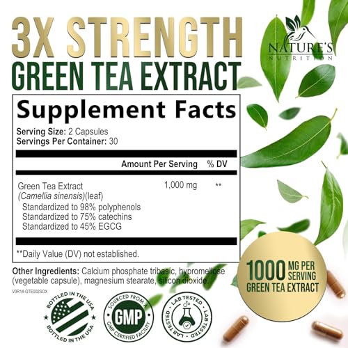 Green Tea Extract 1000mg - Premium Green Tea Extract Pills with 45% EGCG, 98% Polyphenols for Natural Energy - Nature's Antioxidant Herbal Heart Support Supplement, Bottled in USA - 60 Capsules
