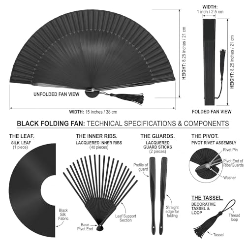 OMyTea Folding Hand Fan for Women - Foldable Chinese Japanese Vintage Bamboo Silk Fan - for Hot Flash, Church, Decoration, EDM, Music Festival, Dance, Party, Performance, Gift (Solid Sexy Black)