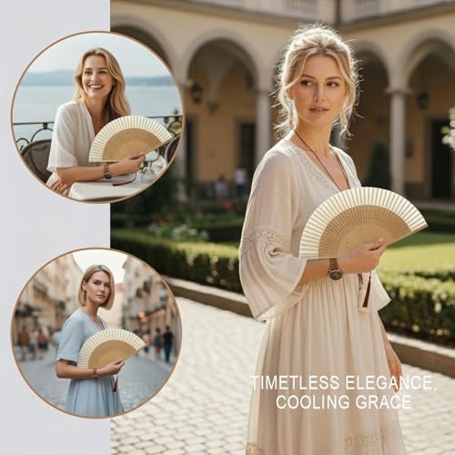 Lysa Hand Fan for Women Foldable - Portable Folding Japanese Chinese Fan - for Hot Flashes, Summer Cooling, Festivals, Church, Dancing (Bamboo White)