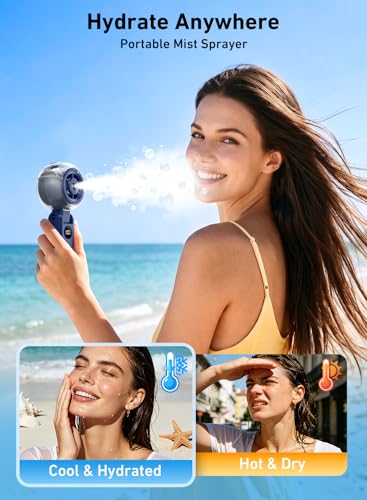 Portable Handheld Misting Fan, 4000mAh Rechargeable 3-in-1 Foldable Cooling Turbo Fan, 1-100 Stepless Speed with Water Spray & LED Display, Desk & Neck Personal Fan for Travel Beach Outdoor (Blue)