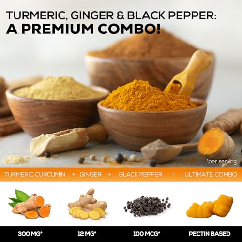 Turmeric Gummies - 95% Curcuminoids - Best Turmeric Curcumin Supplement with Ginger, Black Pepper for Enhanced Absorption, Natural Vegan Joint Support Curcumin Gummy - Tasty Peach Flavor - 60 Gummies