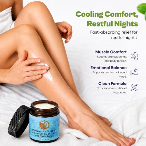 Taspen's Organics Menopause Support Magnesium Sleep Cream – Natural Cooling Relief for Hot Flashes & Night Sweats | Promotes Relaxation & Sleep | Flower Essence & Botanical Formula (1.7 oz)