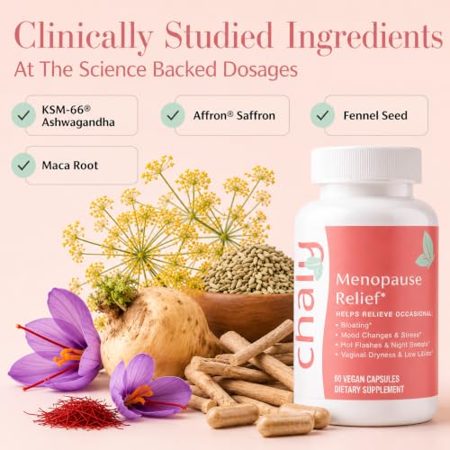 Chaly Perimenopause & Menopause Supplement for Women – Non-Hormonal Hormone Balance for Hot Flashes, Mood & Libido – KSM-66 Ashwagandha, Affron Saffron – Clean Label Project Certified, Vegan, 60 Ct
