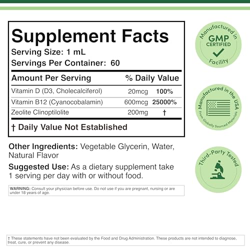Liquid Zeolite Detox 620mg with B12 & D3, Detox & Energy, 60 Servings