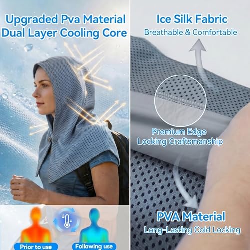 Upgraded PVA Cooling Hoodie Towels-UPF 50+ Instant Cooling Towel | Cooling Towels for Neck & Face, Sweat-Absorbent Ice Towel for Hot Weather, Sports, Camping, Cycling & Outdoor Activities