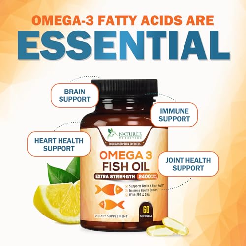 Omega 3 Fish Oil 2400mg - Triple Strength Daily Omega-3 Supplement with EPA & DHA - Natural Heart, Brain & Immune Support - Wild Caught Omega3 Fatty Acids - Gluten Free & Bottled in USA - 60 Softgels
