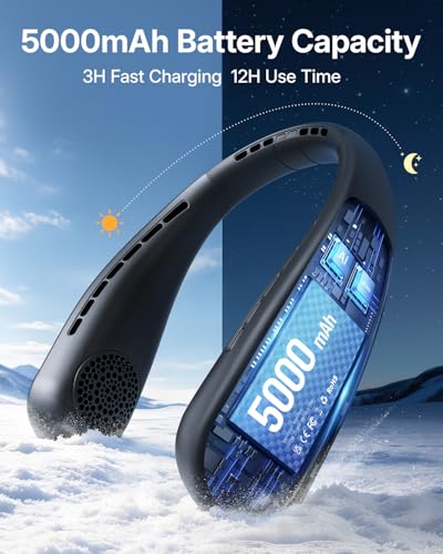 SHEWIND Portable Neck Fan - 5000mAh Rechargeable Hands-Free Wearable Fan | 4 Speeds, Bladeless & LED Display | Personal Cooling Fan for Travel, Outdoors, Camping - Black