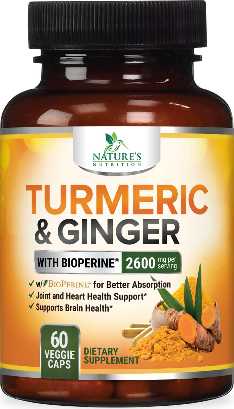 Turmeric Curcumin Supplement 2600mg with Organic Turmeric & Ginger - 95% Curcuminoids & BioPerine Black Pepper Extract for Best Absorption - Natural Vegan Joint Support, Bottled in USA - 60 Capsules