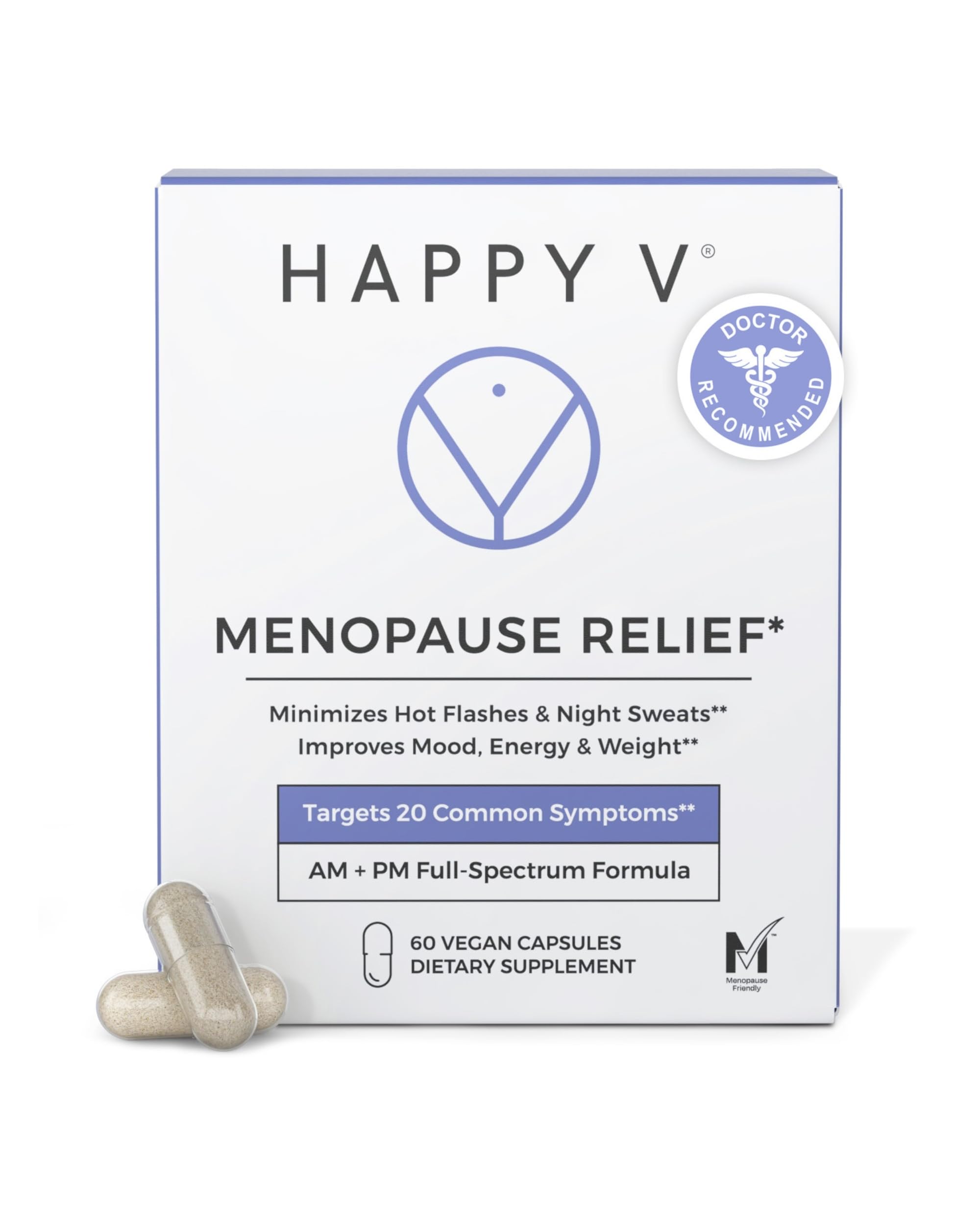 Happy V Menopause Relief Supplement for Women – Hormone Balance, Hot Flash & Night Sweat Support, Mood & Energy Booster, Vaginal Wellness, Perimenopause & Postmenopause Support – 60 Vegan Capsules