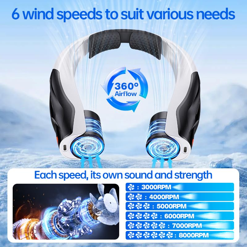 Max 21 mph Powerful Cooling Airflow Neck Fan: 6-Speed 6000mAh 8-20H Runtime | 360° Airflow Coverage for Full Neck & Face Cooling - Hands-Free Wearable Fan for Outdoor Travel Hiking Hot Flashes -Black