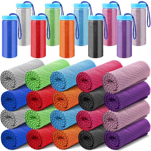 Peryiter 20 Pack Bulk Cooling Towels for Neck and Face Ice Towel Quick Drying Sweat Towels Breathable Portable Yoga Towels with Storage Lanyard Bottle for Fitness Yoga 10 Colors (39 x12 Inches)