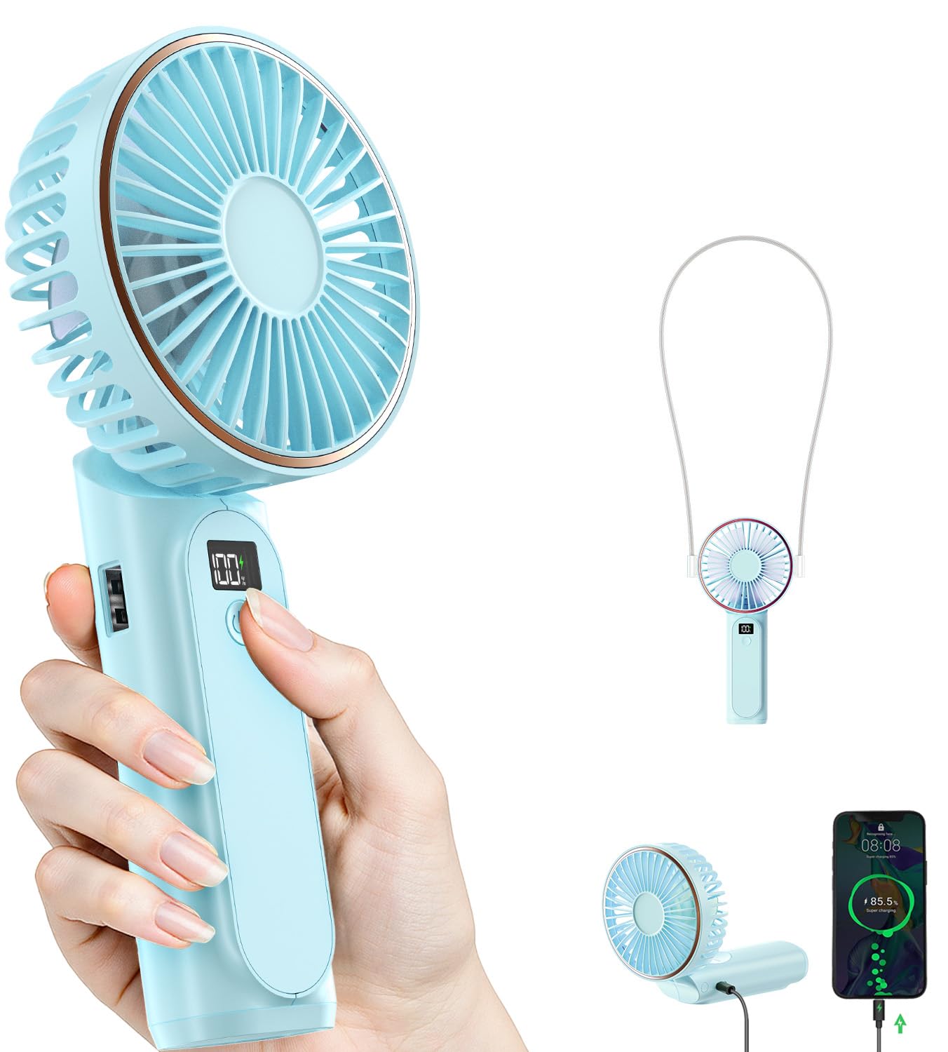 TUNISE Portable Handheld Fan, Portable Fan Rechargeable, 4000mAh, 180° Adjustable, 6 Speed Wind, Display Electricity in Real Time, USB Rechargeable Foldable F an, Quiet Personal Fan with Power Bank