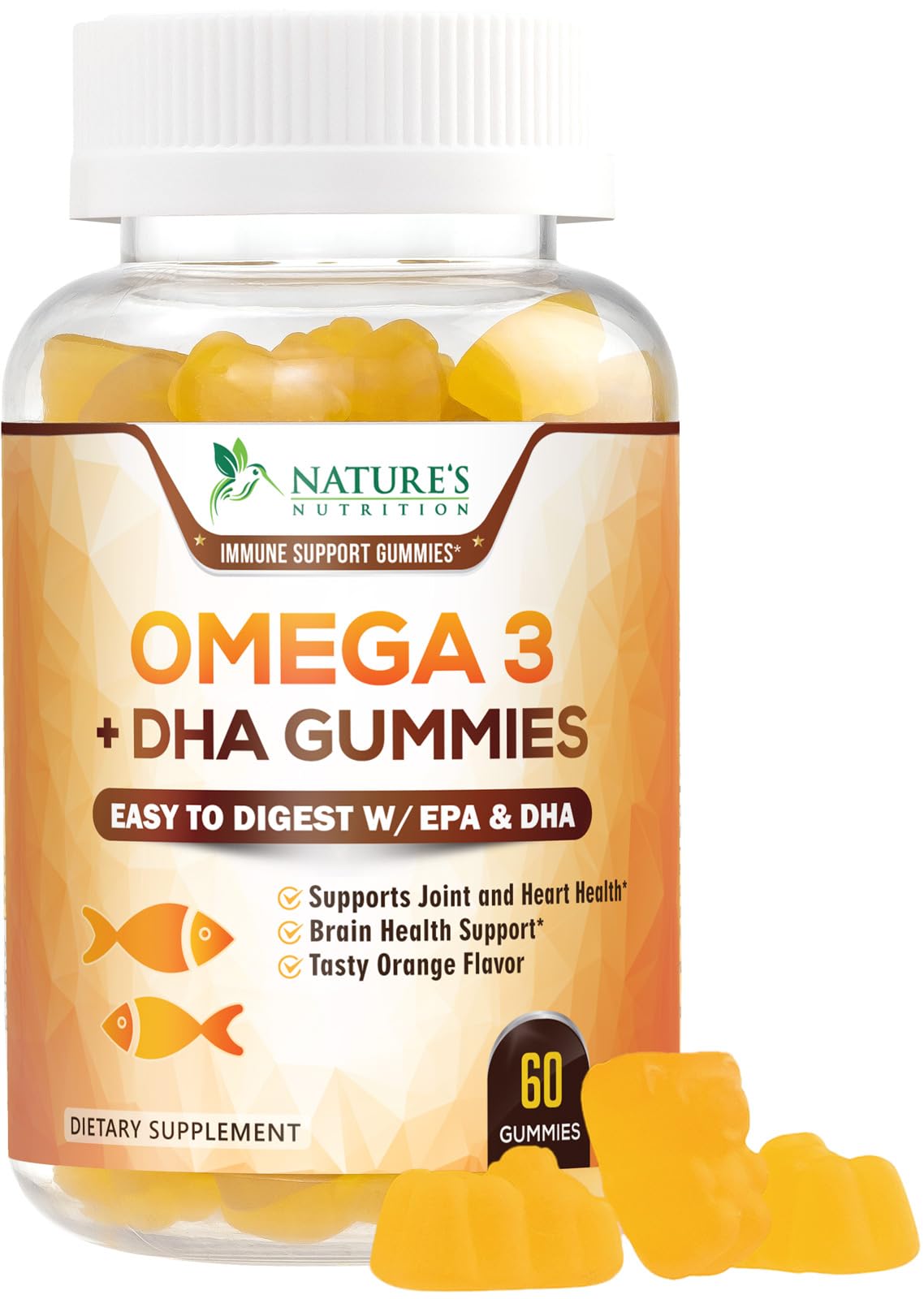 Omega 3 Fish Oil Gummies - Triple Strength Omega 3 Gummy Supplement with High Absorption DHA & EPA - Heart, Joint & Brain Support - Delicious Orange Flavor Fish Oil Nature's Vitamin - 60 Gummies