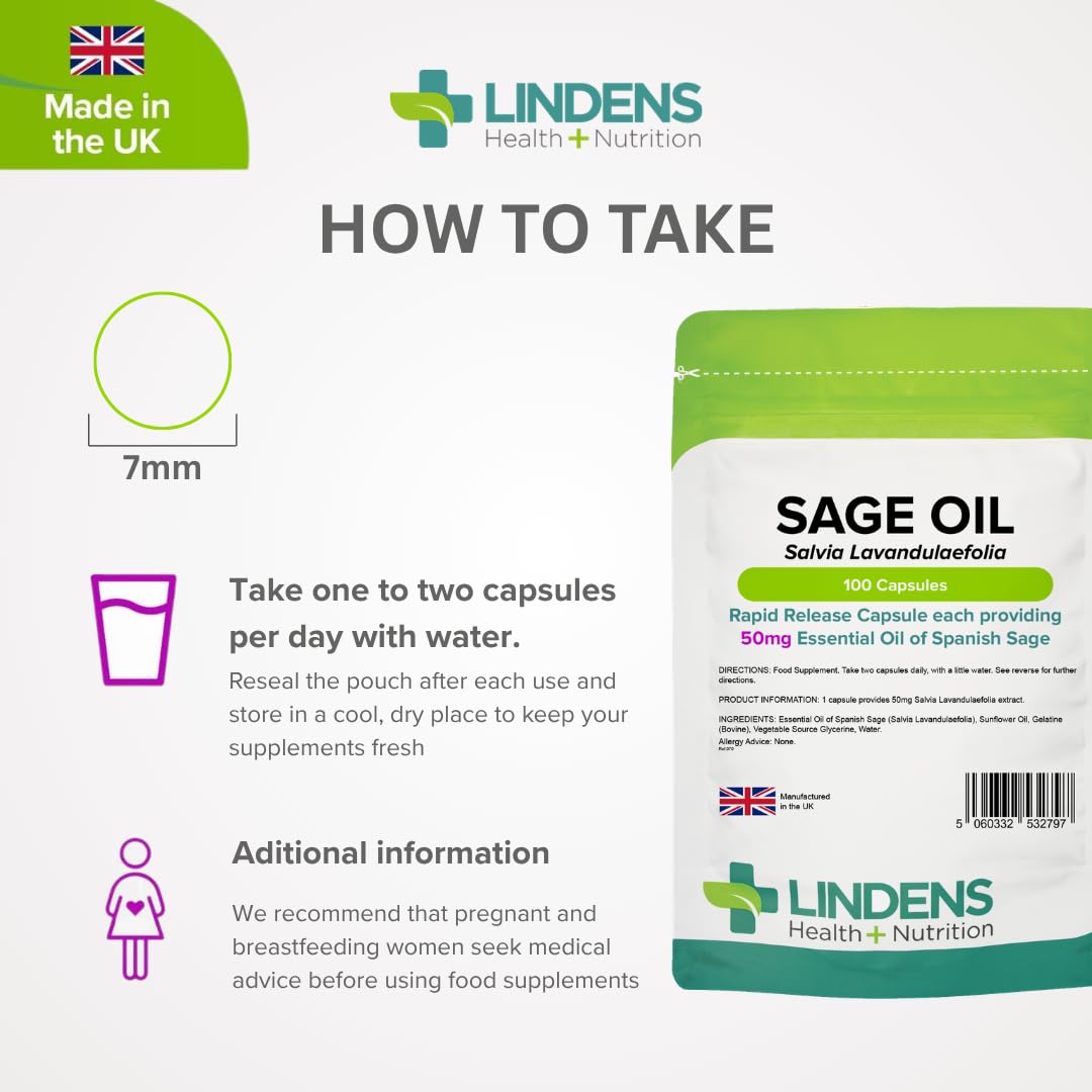 Essential Oil of Sage 100 Caps, Hot Flushes, Menopause
