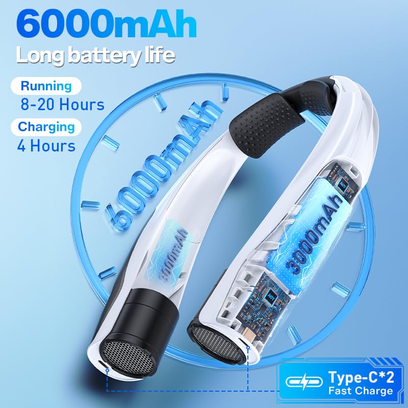 Max 21 mph Powerful Cooling Airflow Neck Fan: 6-Speed 6000mAh 8-20H Runtime | 360° Airflow Coverage for Full Neck & Face Cooling - Hands-Free Wearable Fan for Outdoor Travel Hiking Hot Flashes -Black