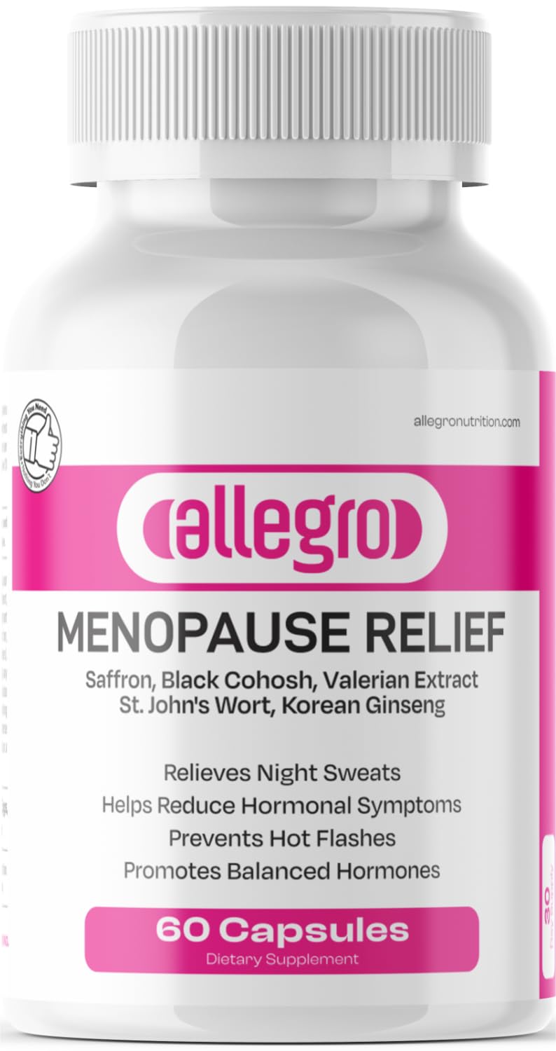 Allegro Menopause Supplement for Women – Hot Flash, Night Sweat & Mood Swing Relief – Black Cohosh, Valerian Root, Saffron, Korean Ginseng – Natural Hormone Balance, 60 Capsules
