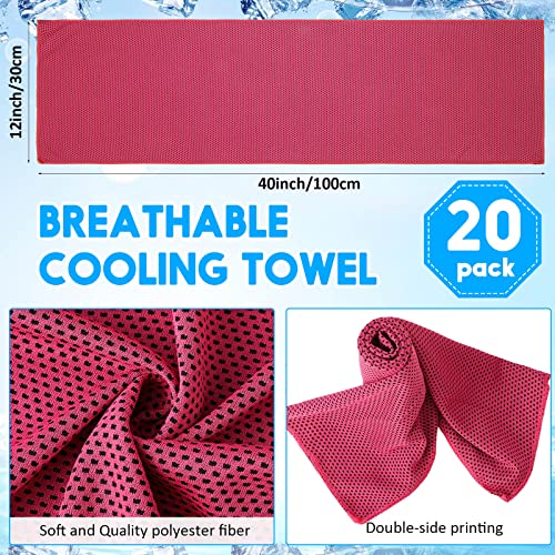 Redbaker 20 Pack Cooling Towels, 40"x12" Ice Breathable Soft Chilly Sweat Rag with Bags for Neck and Face Yoga Gym Running Golf Workout Sports Camping(Rose Red)