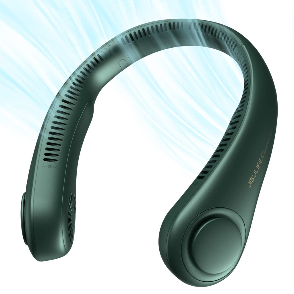 JISULIFE Portable Neck Fan, Hands Free Bladeless Fan, 5 Speeds, 4000 mAh | Battery Operated Wearable Personal Fan, Twistable, Rechargeable Travel Essentials, Gifts for Women Men-Dark Green