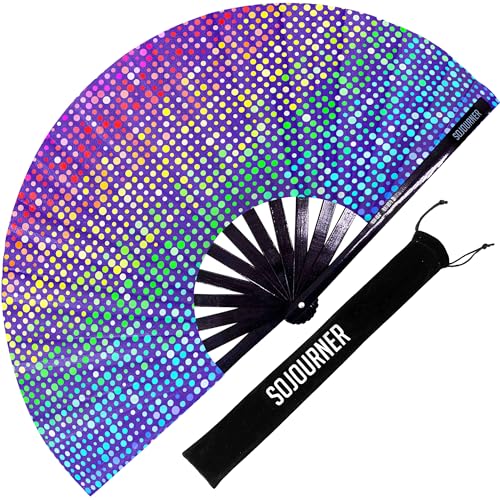 SoJourner Bags Rainbow Lights Rave Fan - Large Folding Clack Fan for Men and Women - Rave Accessories for EDM, Line Dancing, Cosplay, Concerts and More
