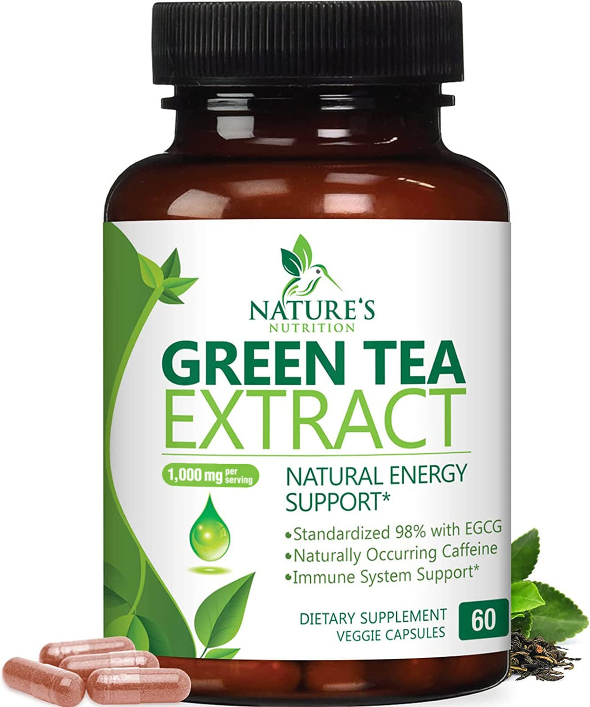 Green Tea Extract 1000mg - Premium Green Tea Extract Pills with 45% EGCG, 98% Polyphenols for Natural Energy - Nature's Antioxidant Herbal Heart Support Supplement, Bottled in USA - 60 Capsules