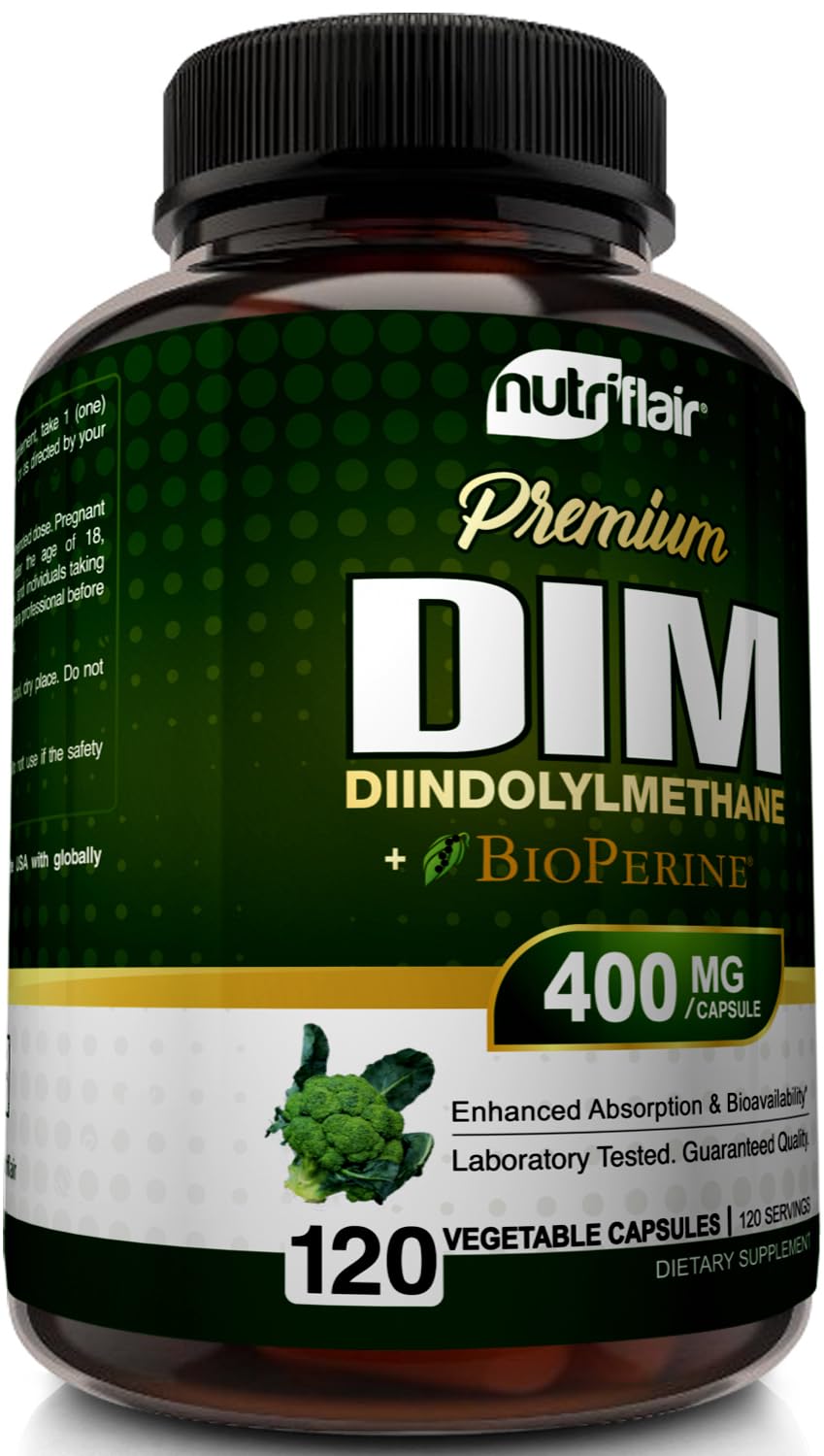 NutriFlair DIM 400mg with BioPerine, 120 Capsules - High Potency Diindolylmethane Supplement - for Men & Women - Vegan, Non-GMO - 4 Month Supply