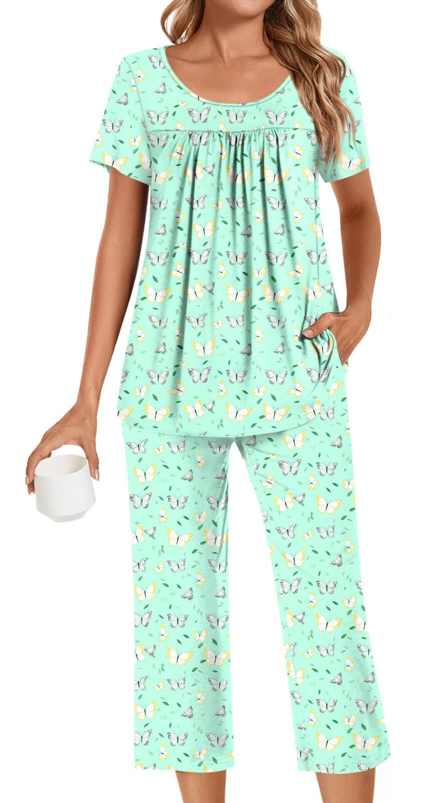 POPYOUNG Pajamas for Women Set 2 Piece Summer Lounge Capri Pj Sleepwear
