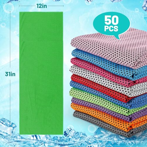 50Packs 31"x12" Bulk Cooling Towels for Neck and Face Hot Weather, 10Colors | MADHOLLY Breathable Cooling Neck Wraps, Sweat Towel Rags for Workout, Gym, Yoga, Camping, Summer Essentials