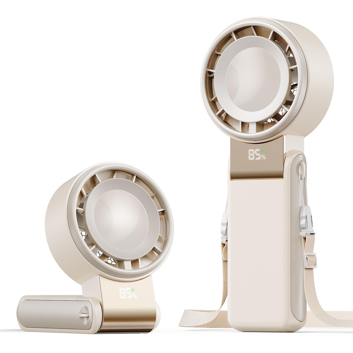 SHEWIND Portable Handheld Mini Fan -5 Speeds, 20H Max, LED Display - Cream | Foldable Mini Fan; Neck & Desktop Use; 4000mAh Rechargeable Battery; Travel Turbo Fan