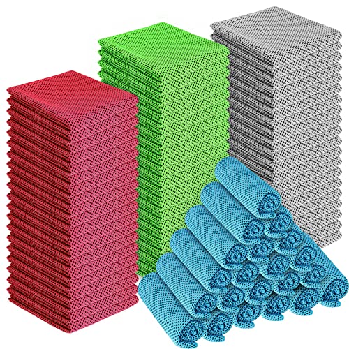 Shellwei 80 Pcs Cooling Towel Bulk 40 x 12 Inch Double Layer Microfiber Chilly Cold Towel for Neck Gym Yoga Running Workout Sports(Rose Red, Light Blue, Green, White)
