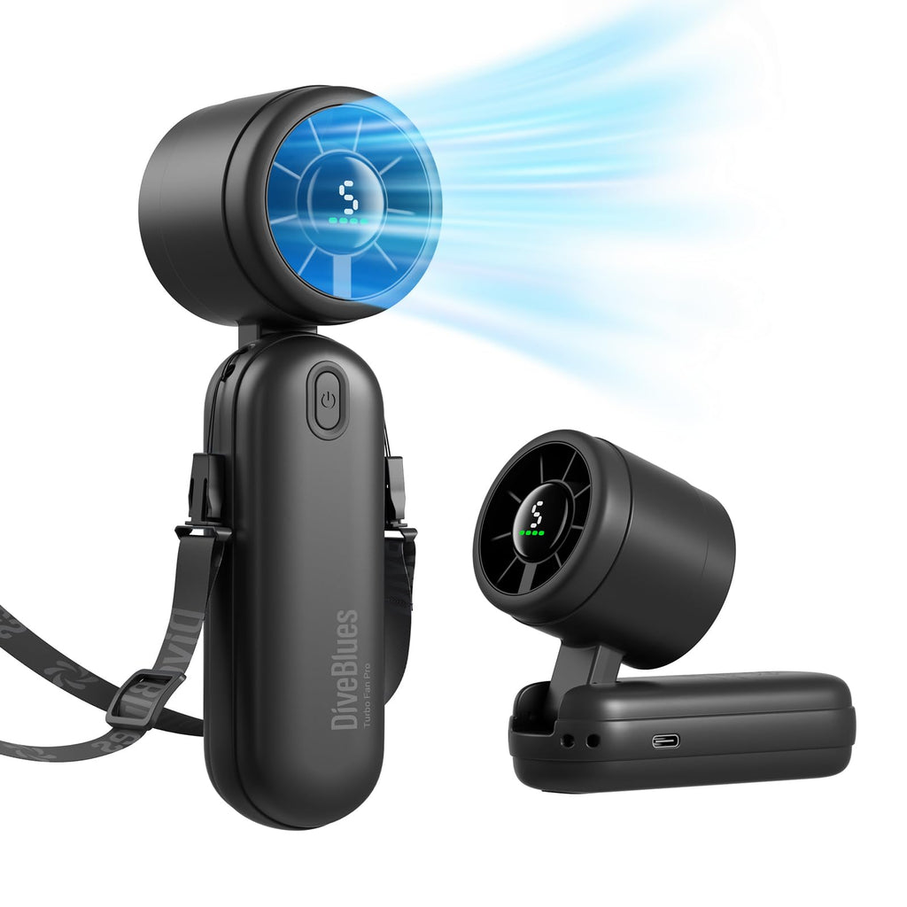 Diveblues Mini Portable Handheld Turbo Fan 27ft/s, 4000mAh Battery | Quiet Motor, 12H Max Cooling, 5 Speeds, LED Display, 3-in-1 Handheld/Neck/Desk Fan for Travel, Cruise & Disney Essentials