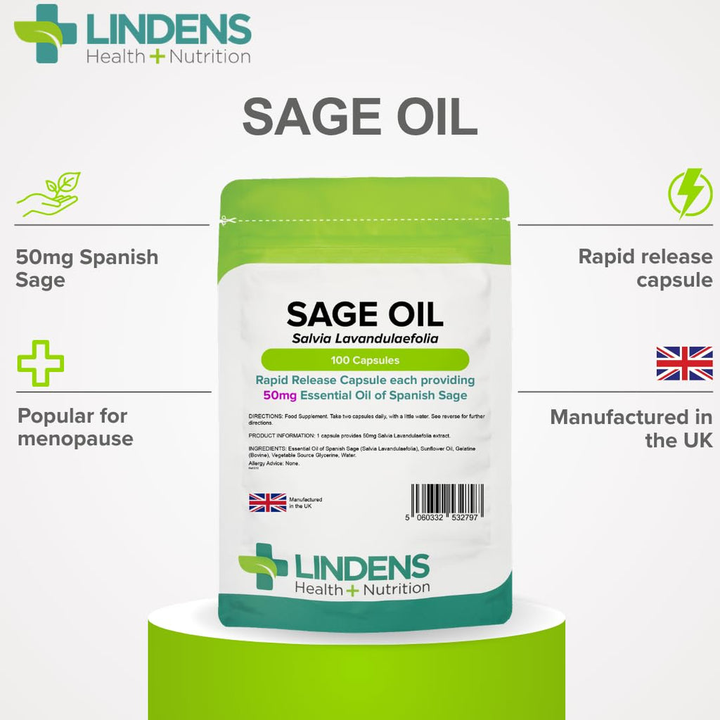 Essential Oil of Sage 100 Caps, Hot Flushes, Menopause