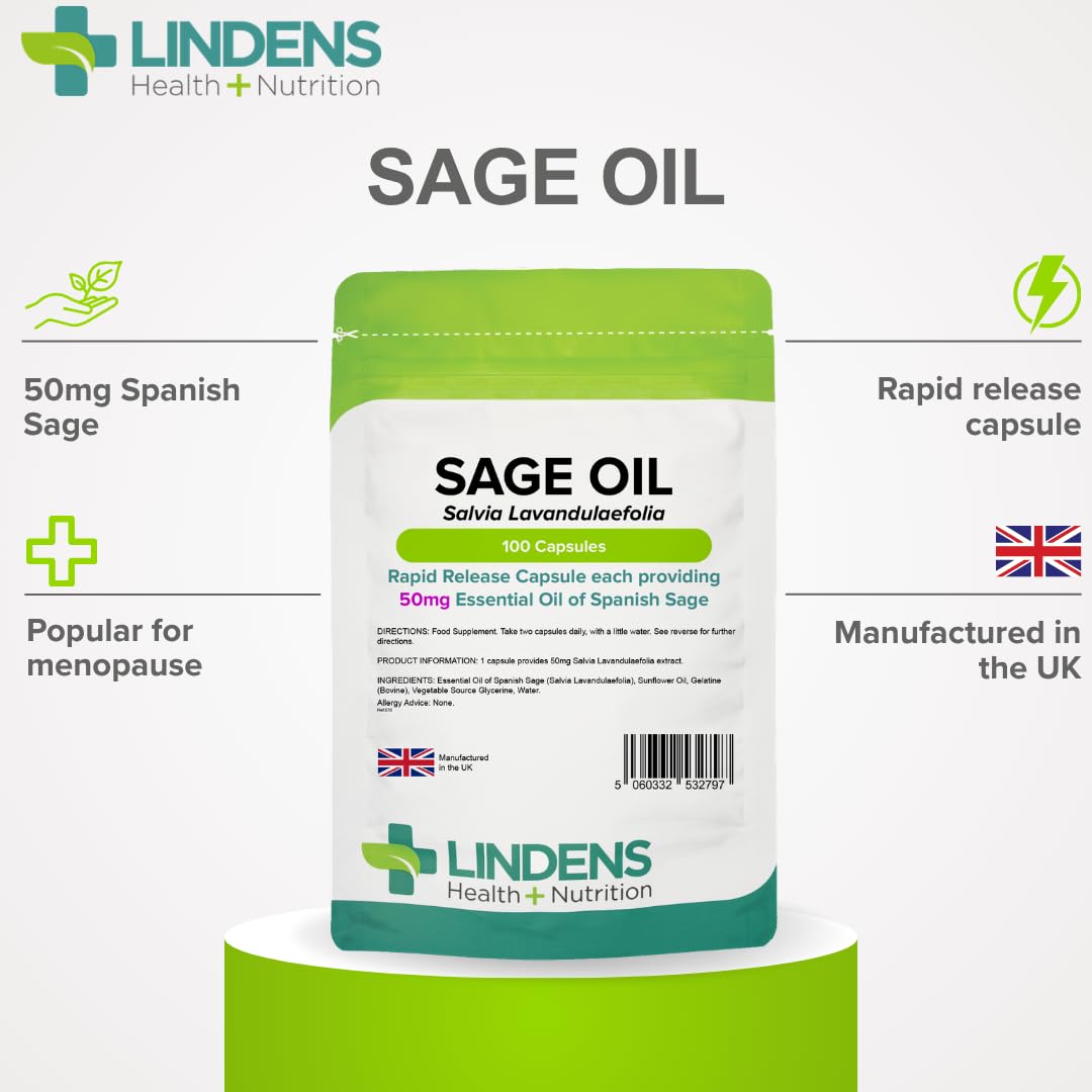 Essential Oil of Sage 100 Caps, Hot Flushes, Menopause