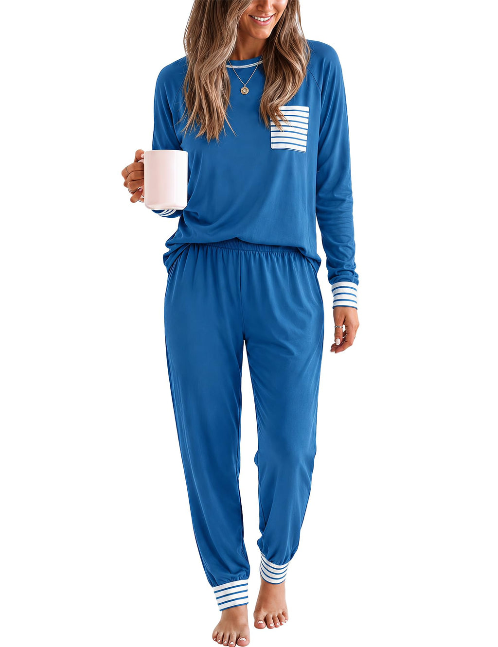 SWOMOG Women’s Pajamas Set Long Sleeve Sleepwear with Long Pants Soft Modal Loungewear Pj Set