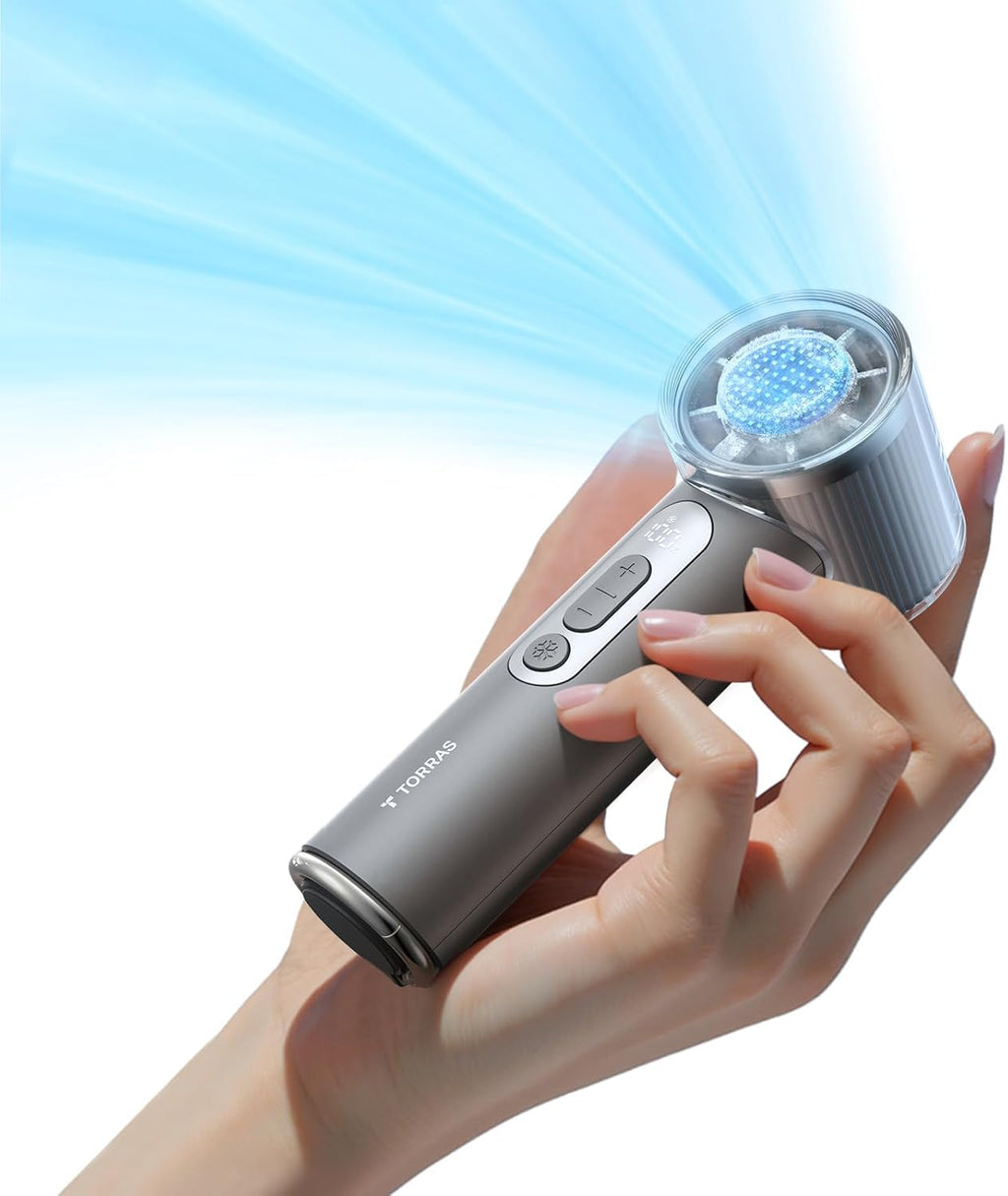 TORRAS COOLiFY iva Handheld Fan with Ice Cooler, [Chill by 50°F], 0-100 Adjustable Speed, Super Mini Powerful Portable Fan 4900mAh Rechargeable, Hand Fans for Travel Essentials,Gift for Father,Grey