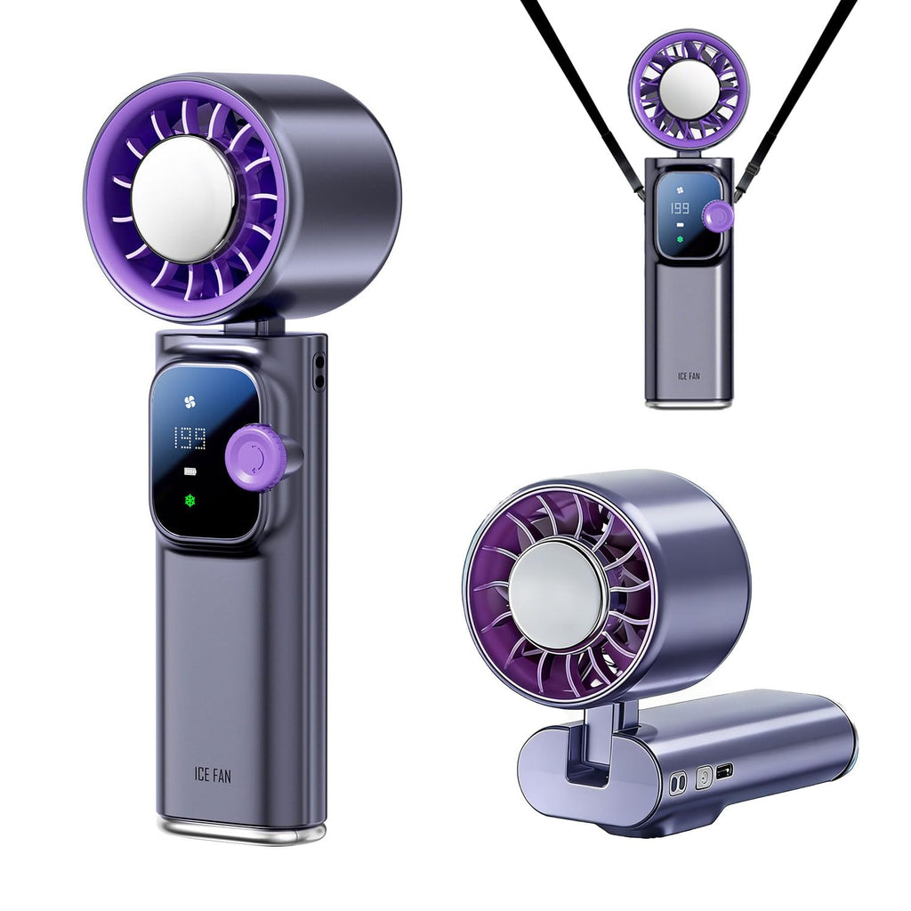 Portable Handheld Fan with Ice Cooling Personal Rechargeable Mini Neck Fan | 199-Speed 20000RPM 4000mAh Battery Powered up to 15hrs, LED Display Foldable & Hangable for Travel, Camping & Outdoor, Purple