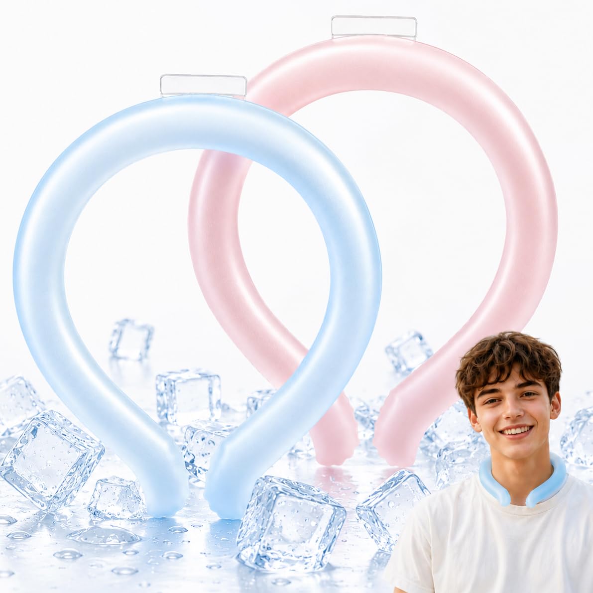 Neck Cooling Tube for Summer Heat Relief, 2 Pack, Reusable Ice Cooling Ring, Wearable Collar for Sports, Outdoor Work, Travel and Hot Flashes, Pink and Blue