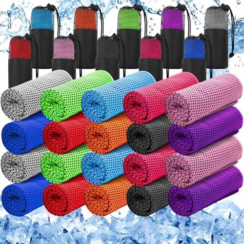 Peryiter 20 Pack Cooling Towels Bulk for Neck and Face Cooling Towel for Hot Weather Quick Dry Sweat Towel Soft Breath Portable with 20 Storage Bags for Gym Yoga Athletes Sports Fitness