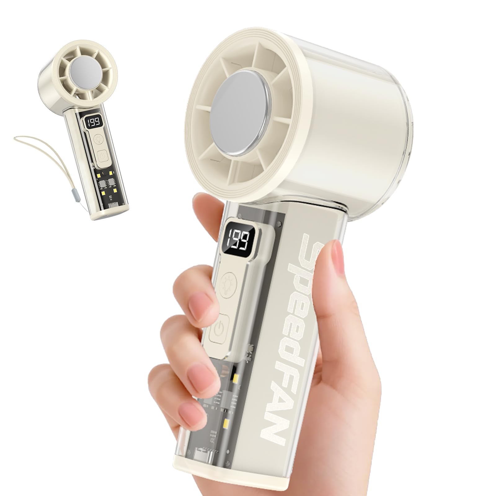 Portable Handheld Turbo Fan, 5-Speed Adjustable USB-C Rechargeable with LED Digital Display & 4-Mode Flashlight, Lightweight Personal Fan for Travel/Camping/Indoor Use, White