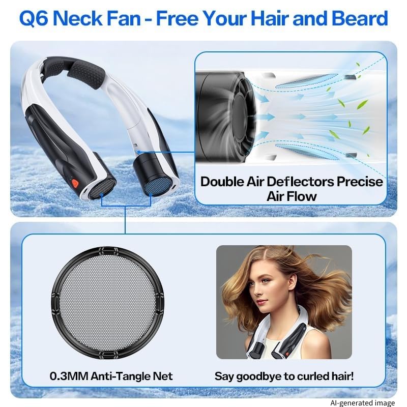 Max 21 mph Powerful Cooling Airflow Neck Fan: 6-Speed 6000mAh 8-20H Runtime | 360° Airflow Coverage for Full Neck & Face Cooling - Hands-Free Wearable Fan for Outdoor Travel Hiking Hot Flashes -Black