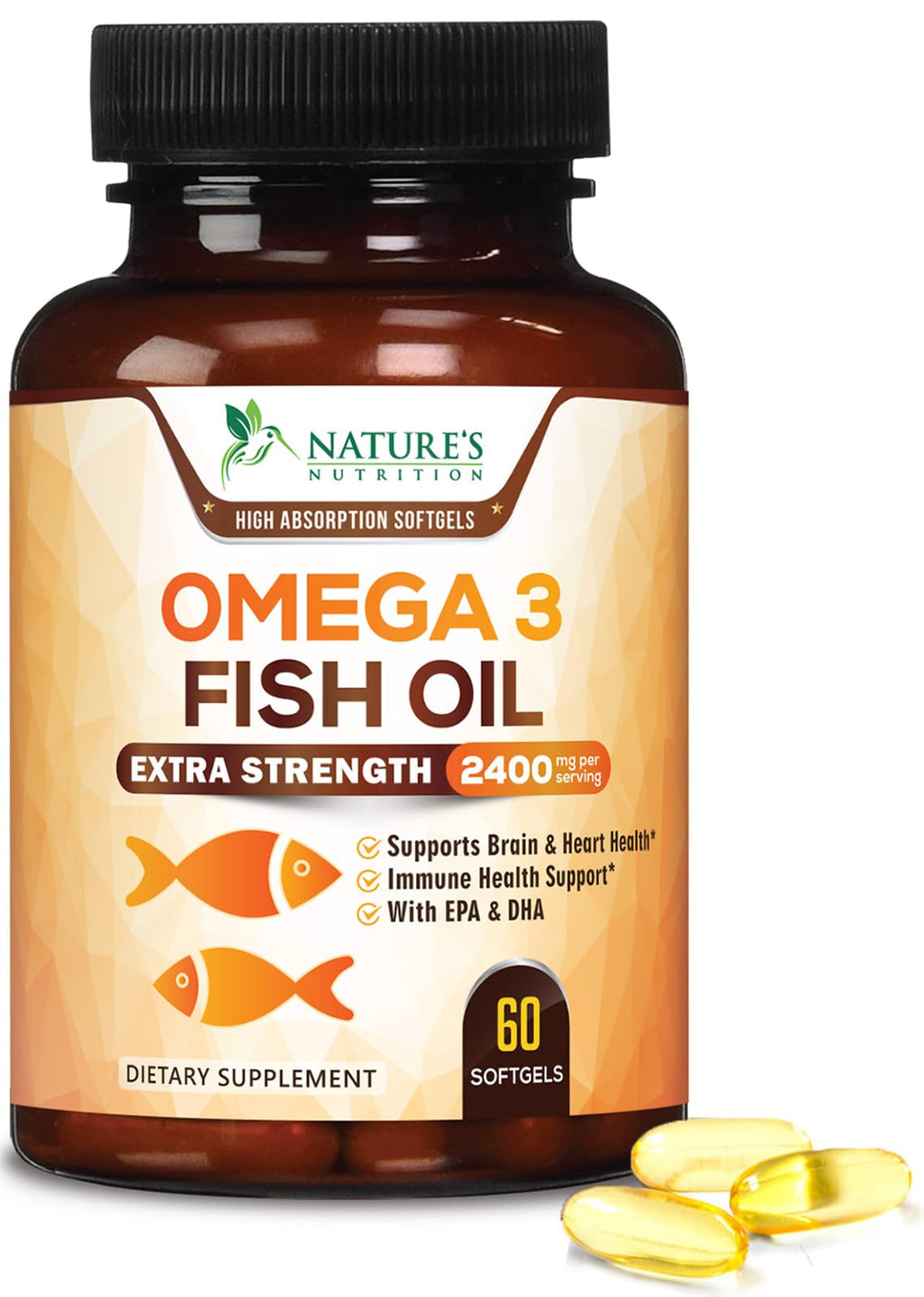 Omega 3 Fish Oil 2400mg - Triple Strength Daily Omega-3 Supplement with EPA & DHA - Natural Heart, Brain & Immune Support - Wild Caught Omega3 Fatty Acids - Gluten Free & Bottled in USA - 60 Softgels