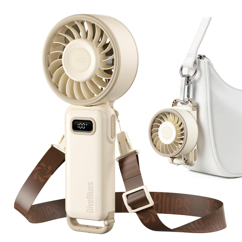 Diveblues Portable Handheld Fan D6036 Cream | 7.4m/s High Speed Turbo, 180° Foldable 4-in-1, Personal Neck Fan with Carabiner Clip, 100 Speed Stepless Control