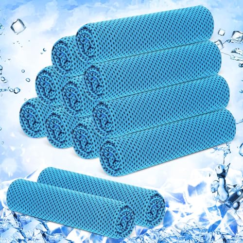 Hosuly 12 Pieces Cooling Towels, 40 x 12 Inch Ice Cool Towel for Neck and Face Microfiber Soft Breathable Chilly Rags for Yoga, Sports, Golf, Gym, Running, Workout(Light Blue)
