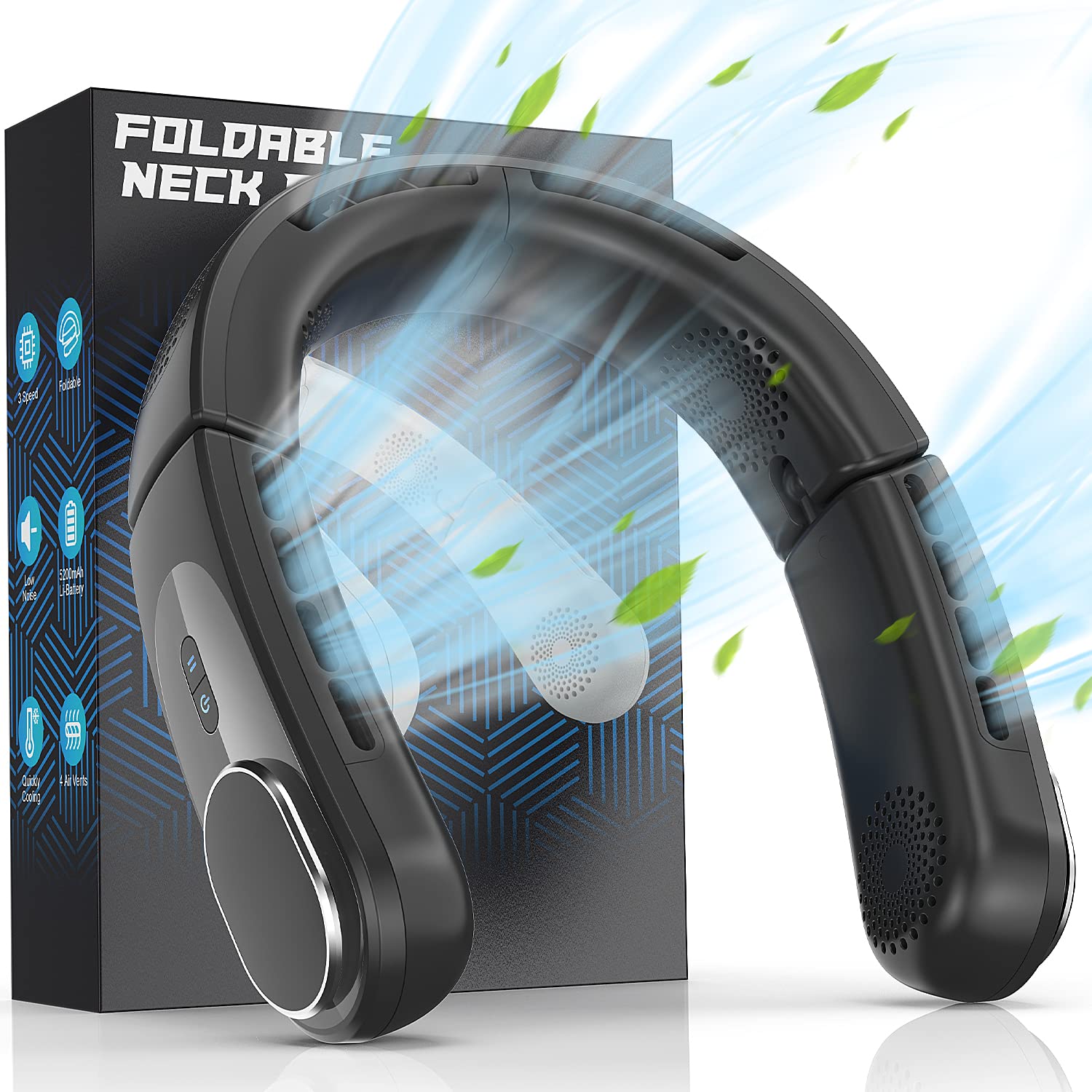 ChillGo Neck Fan, 4 Turbo Foldable Portable Fans - Personal Bladeless Fan | 5200mAh with Strong Airflow, Neck Fans that Blow Cold Air with 4 Vent Small Mini Fans Wearable Cooling Fan for Travel Outdoor