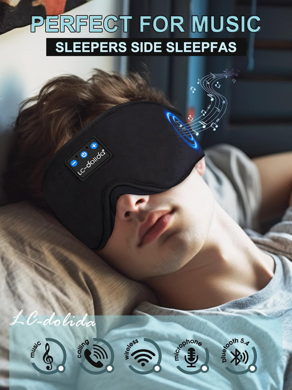 LC-dolida Uyku Kulaklıkları, 3D Uyku Maskesi Bluetooth Kablosuz Müzik Göz Maskesi, Yan Yatanlar İçin Uyku Kulaklıkları, Bluetooth Kulaklıklı Uyku Maskesi, Ultra İnce Stereo Hoparlörler Uyku İçin Mükemmel