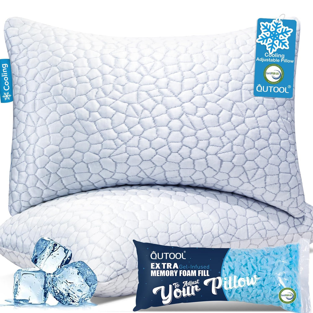 QUTOOL Cooling Pillow for Sleeping, CertiPUR-US Shredded Memory Foam Queen Pillows Set of 2, Cool Pillow for Hot Sleepers Adjustable Firm Pillow for Side, Back, Stomach Sleepers Soft Yet Support,White