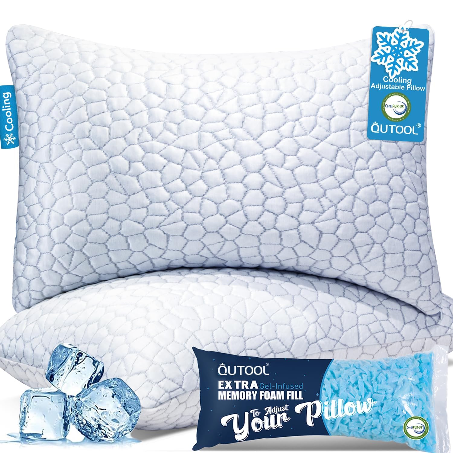 QUTOOL Cooling Pillow for Sleeping, CertiPUR-US Shredded Memory Foam Queen Pillows Set of 2, Cool Pillow for Hot Sleepers Adjustable Firm Pillow for Side, Back, Stomach Sleepers Soft Yet Support,White